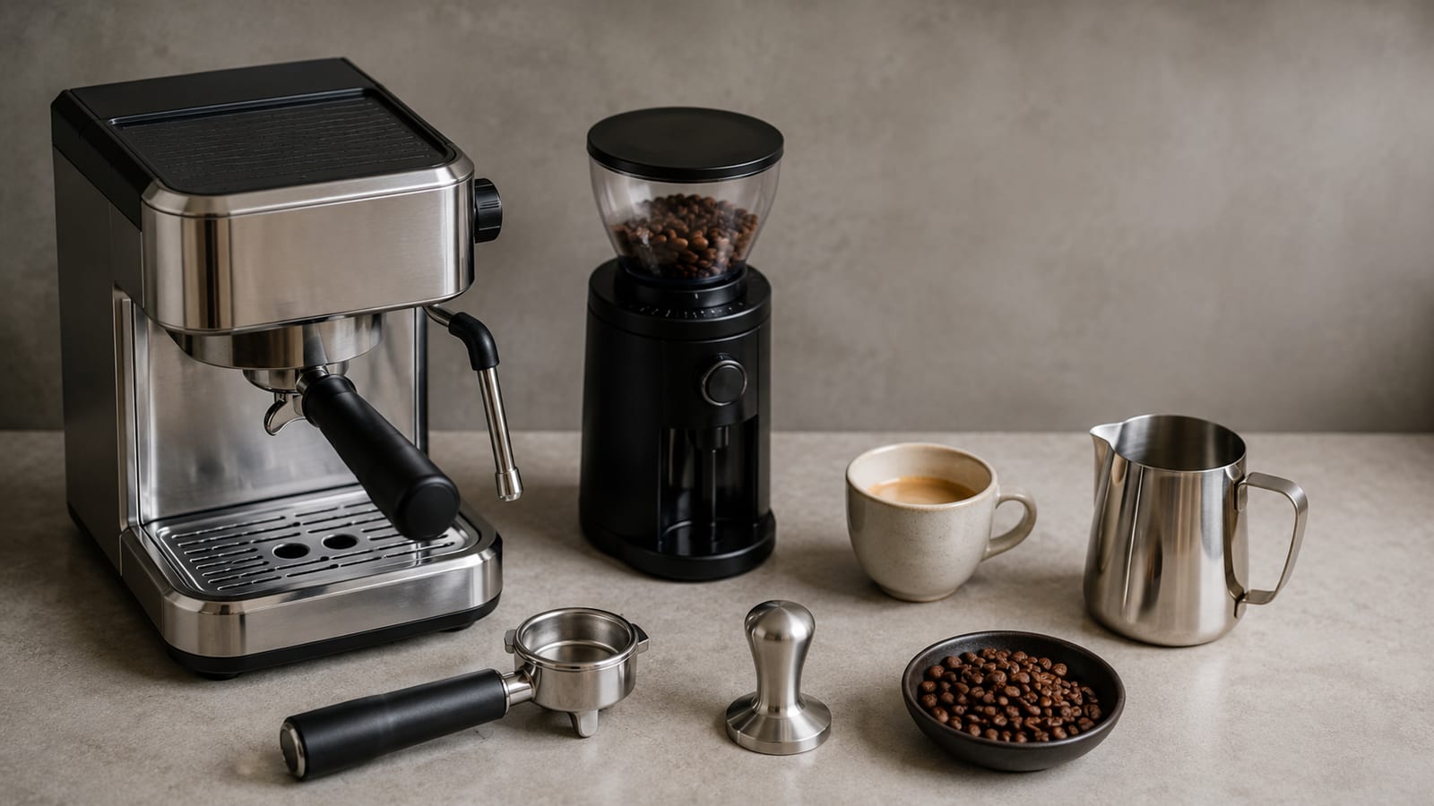 is an espresso machine worth the investment, with grinder, cup, milk pitcher, portafilter, tamper, and beans
