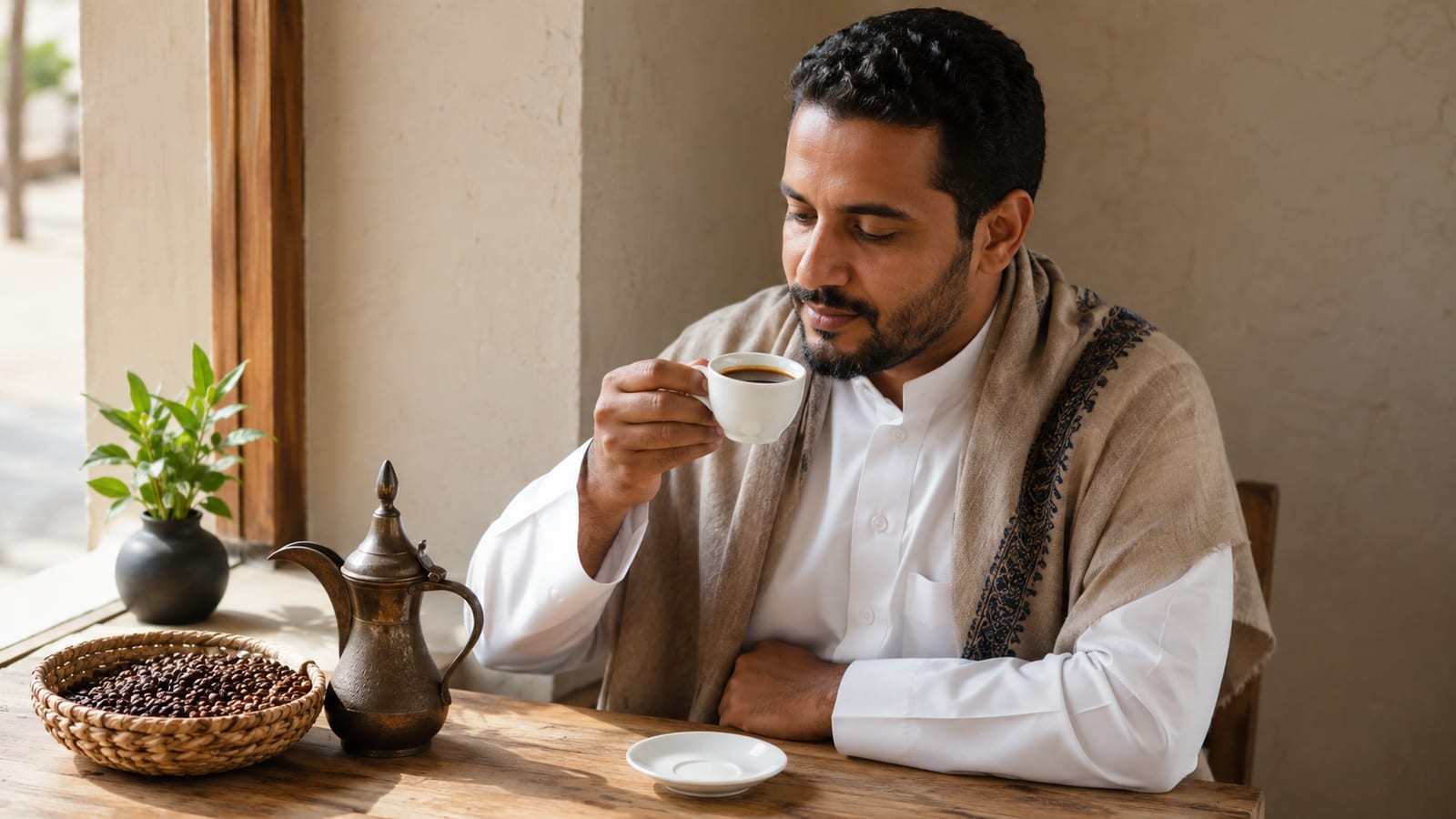 Man in traditional dress savoring arwa yemeni coffee from small white cup