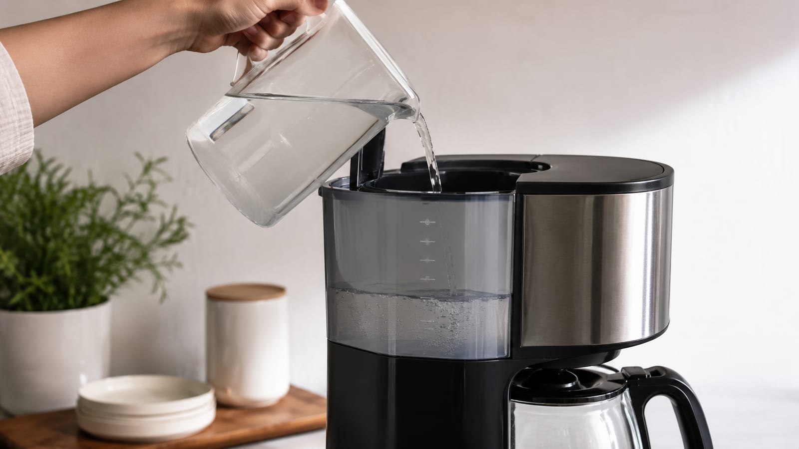 Hand pouring water into a Cuisinart coffee maker on a kitchen counter