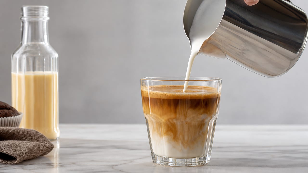 Pouring steamed milk into espresso with cake batter syrup bottle in background