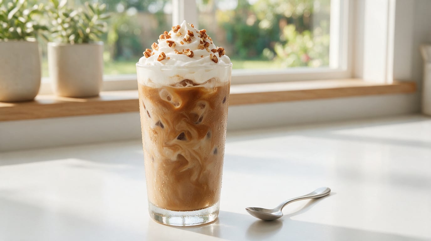 Butter Pecan Iced Coffee in tall glass, whipped cream and pecans, sunlit windowsill