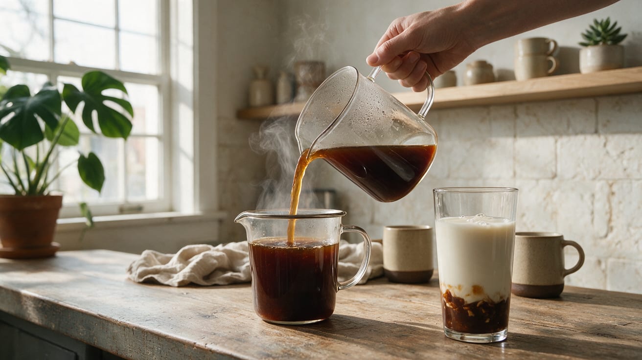 Butter Pecan Iced Coffee poured from glass carafe into mug on wooden counter