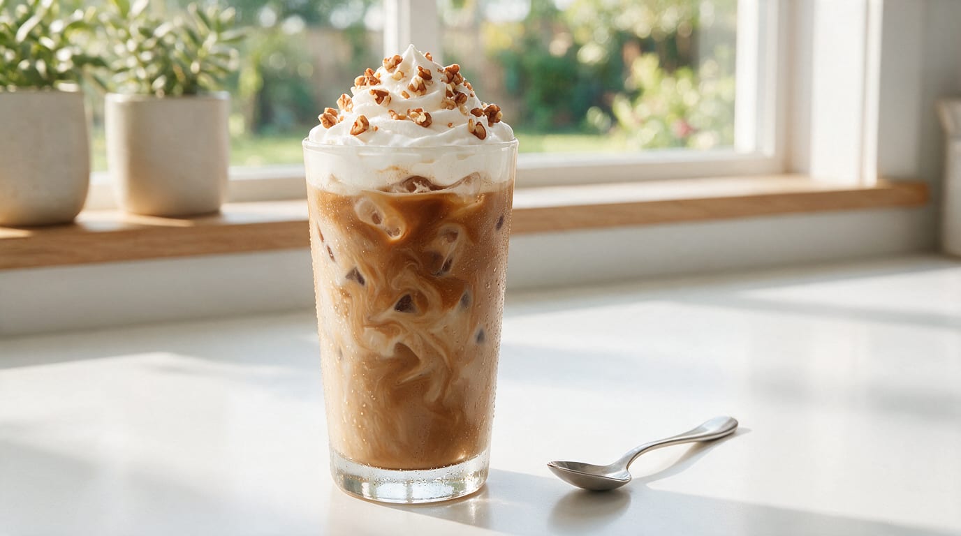 Butter Pecan Iced Coffee topped with whipped cream and pecans in a glass by a window