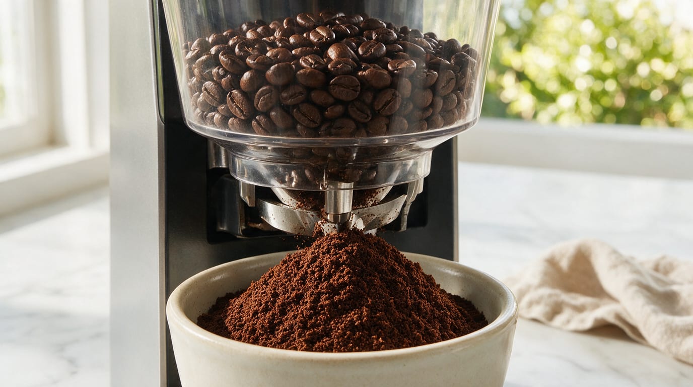 Dark coffee beans being ground to fine powder in a burr grinder