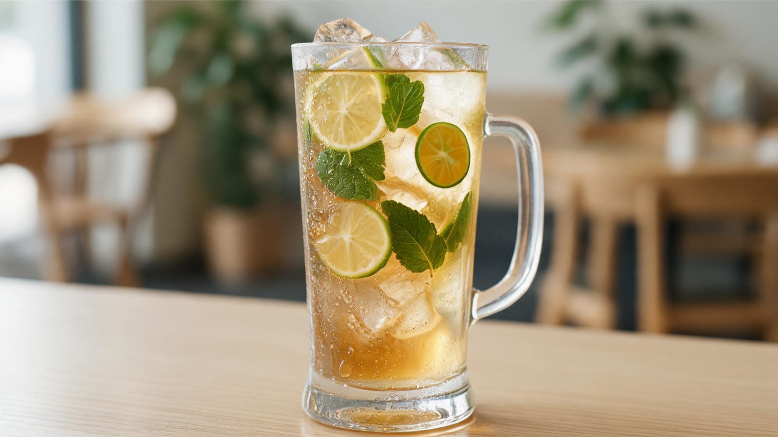 Close-up of amber cold brew, pale citrus dilution, melting ice, and fine glass condensation.