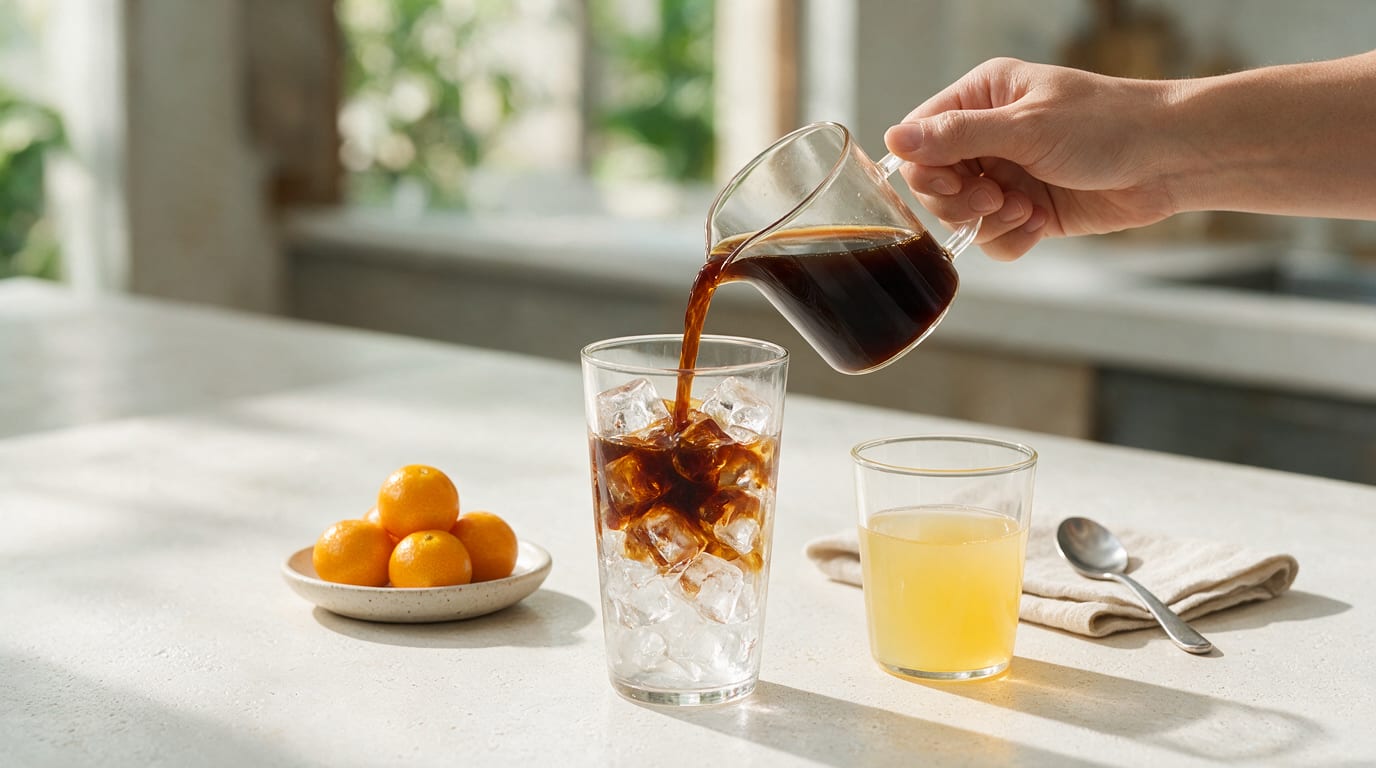 A visible forearm pours cold brew concentrate over ice beside fresh calamansi juice.