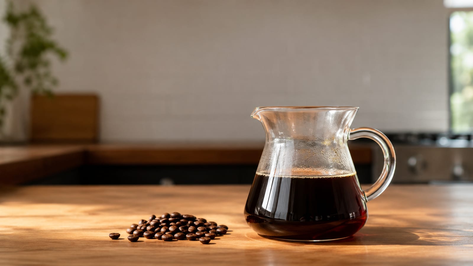 Pour-over carafe of coffee beside whole specialty beans on wooden counter