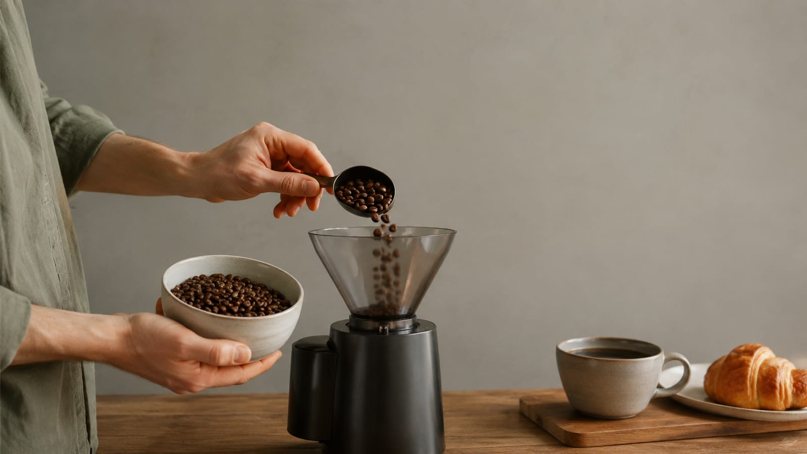 Hands scooping whole coffee beans from ceramic bowl into grinder