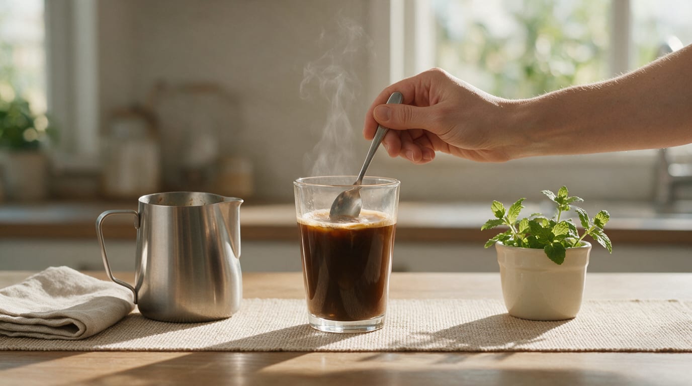 Hand stirs condensed milk and caramel into steaming coffee beside a resting pitcher