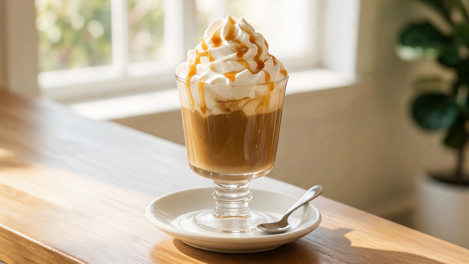 Close detail of whipped cream melting into the smooth caramel coffee surface