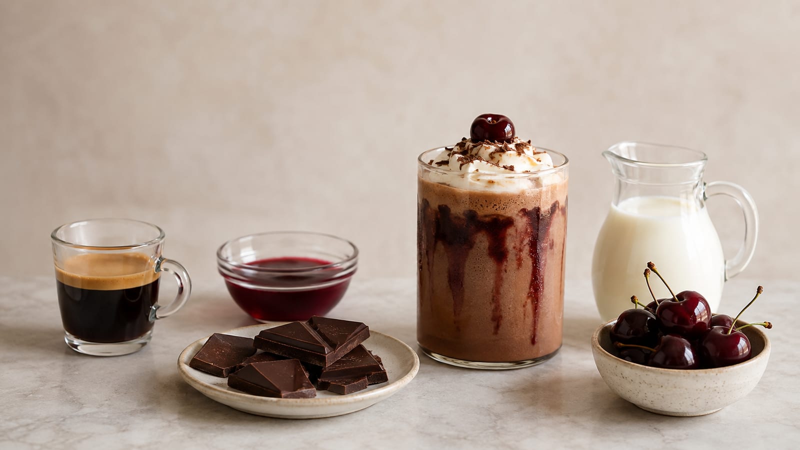 Espresso, cherry syrup, dark chocolate, milk, and fresh cherries arranged for homemade mocha