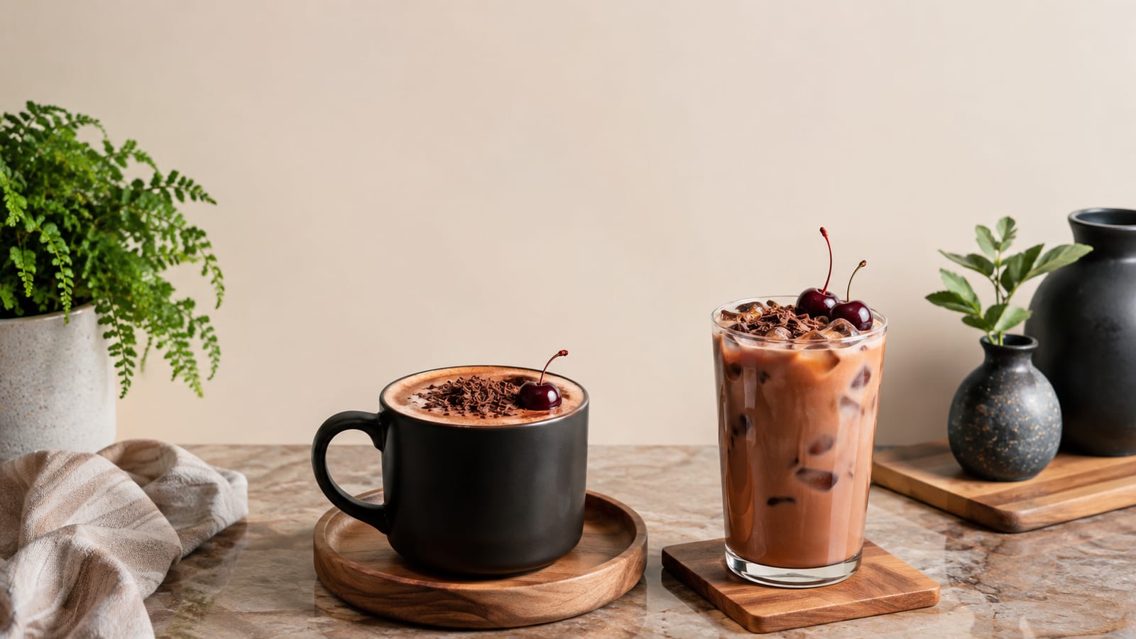 Hot and iced black cherry mochas showing contrasting textures and serving styles