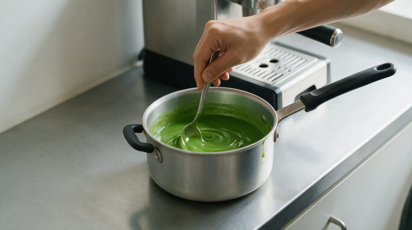 Hand stirring freshly cooked pandan syrup in a small saucepan beside an espresso setup