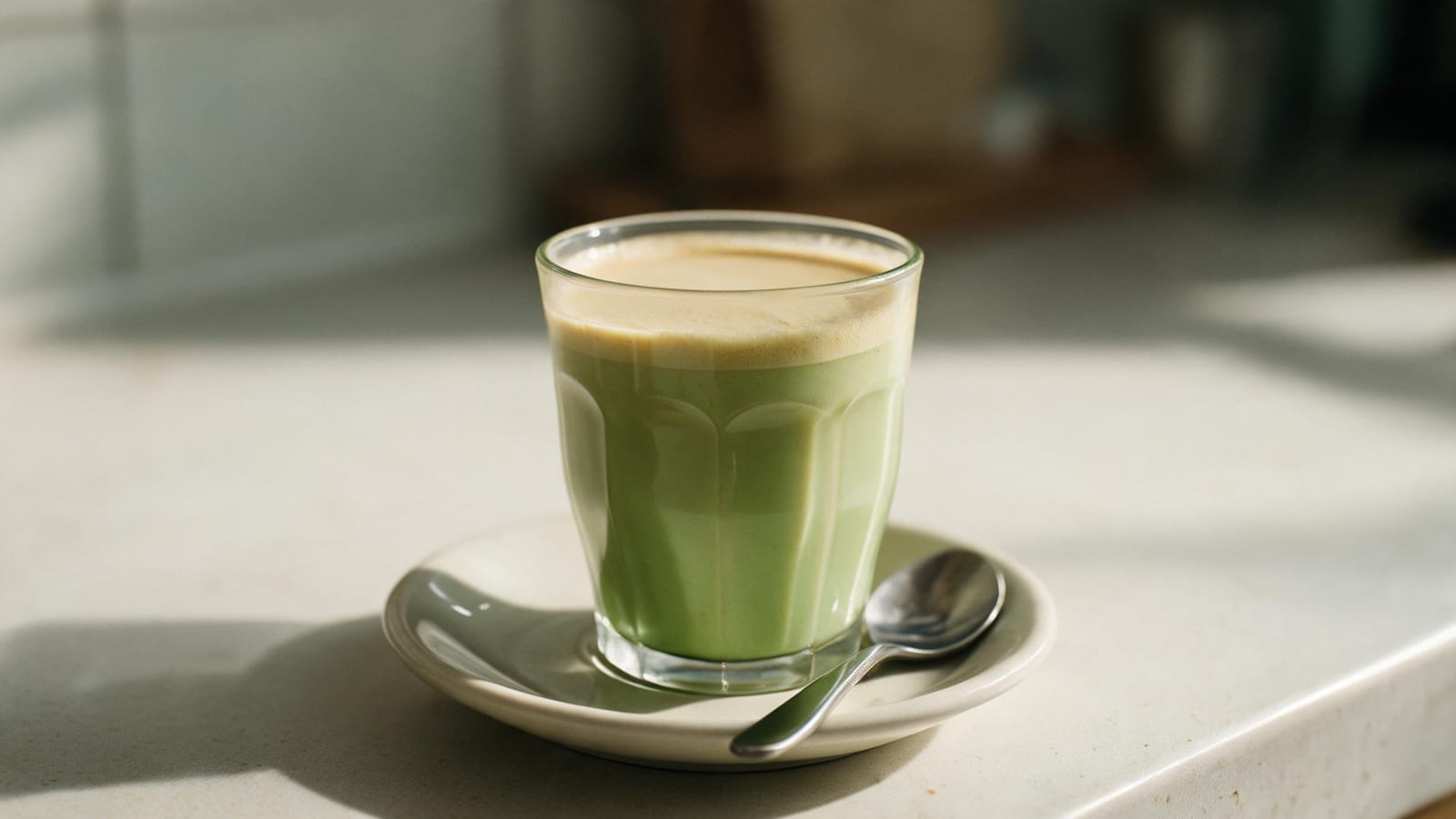 Close texture of creamy pandan coconut latte showing its smooth stirred coffee surface