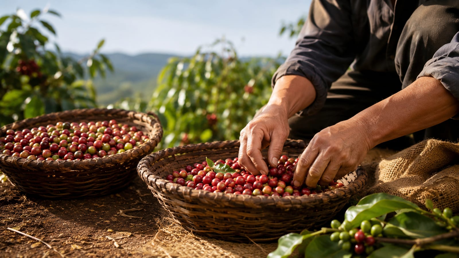 Coffee farmer sorting freshly harvested cherries beside baskets in a working farm courtyard