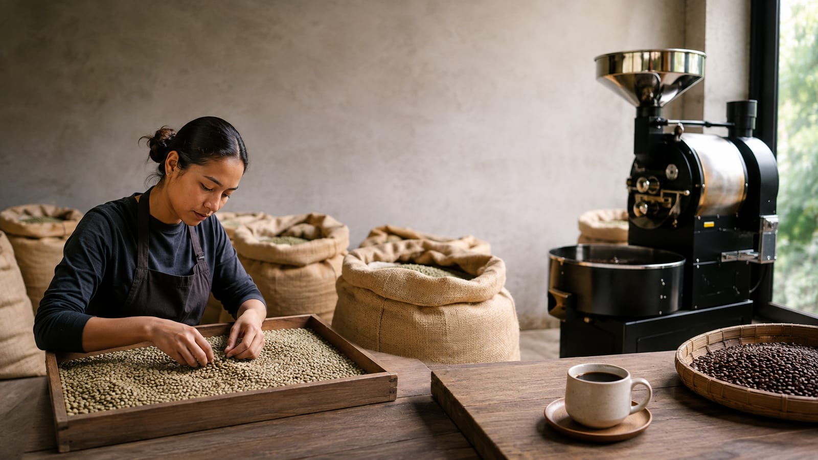 Unlabeled green coffee beans moving from farm processing into a small roasting workspace