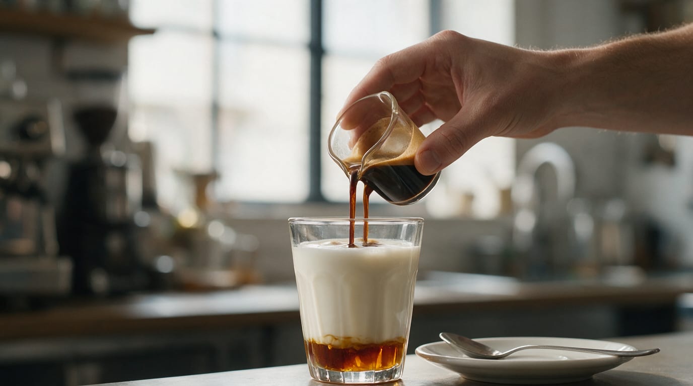 Hand pouring fresh espresso from a small pitcher into steamed milk beside caramel syrup
