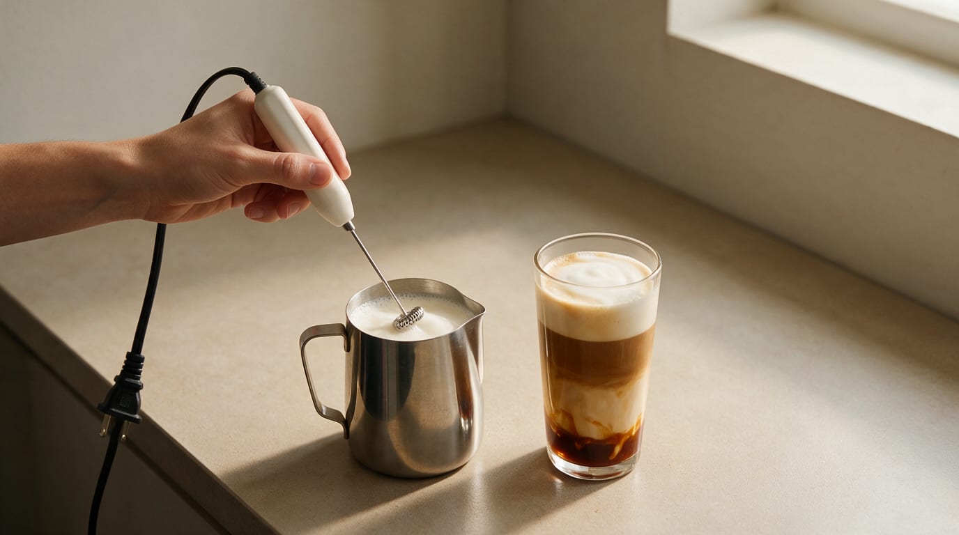 Steamed milk being frothed in a metal pitcher beside the caramel macchiato glass