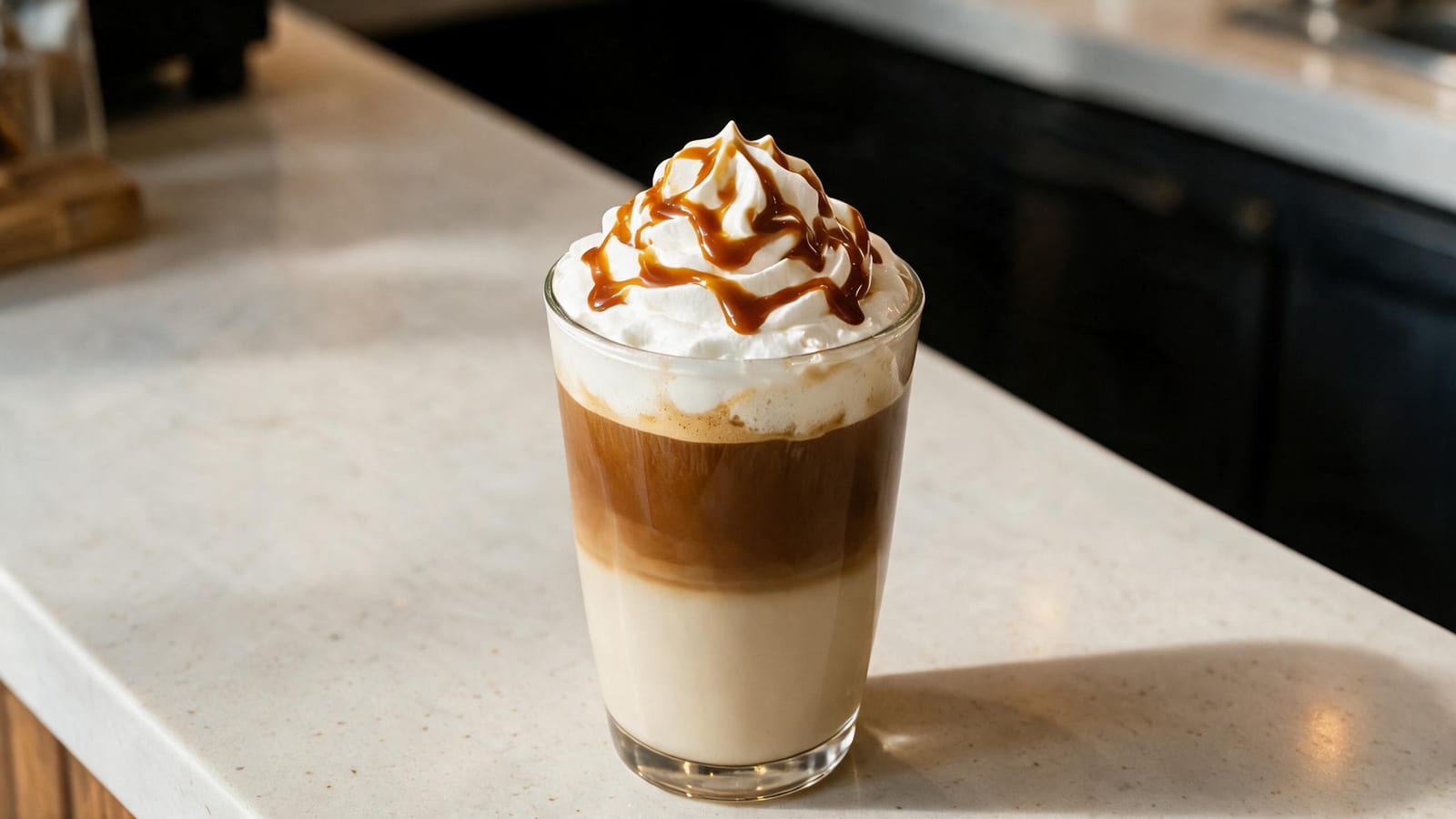 Close-up of caramel macchiato chai layers showing glossy caramel, espresso, milk, and soft foam