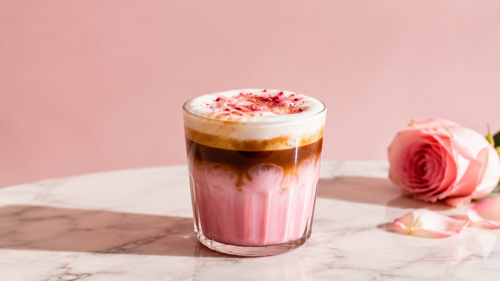 Pink velvet macchiato with rosy milk, espresso layer, and creamy foam in a clear glass