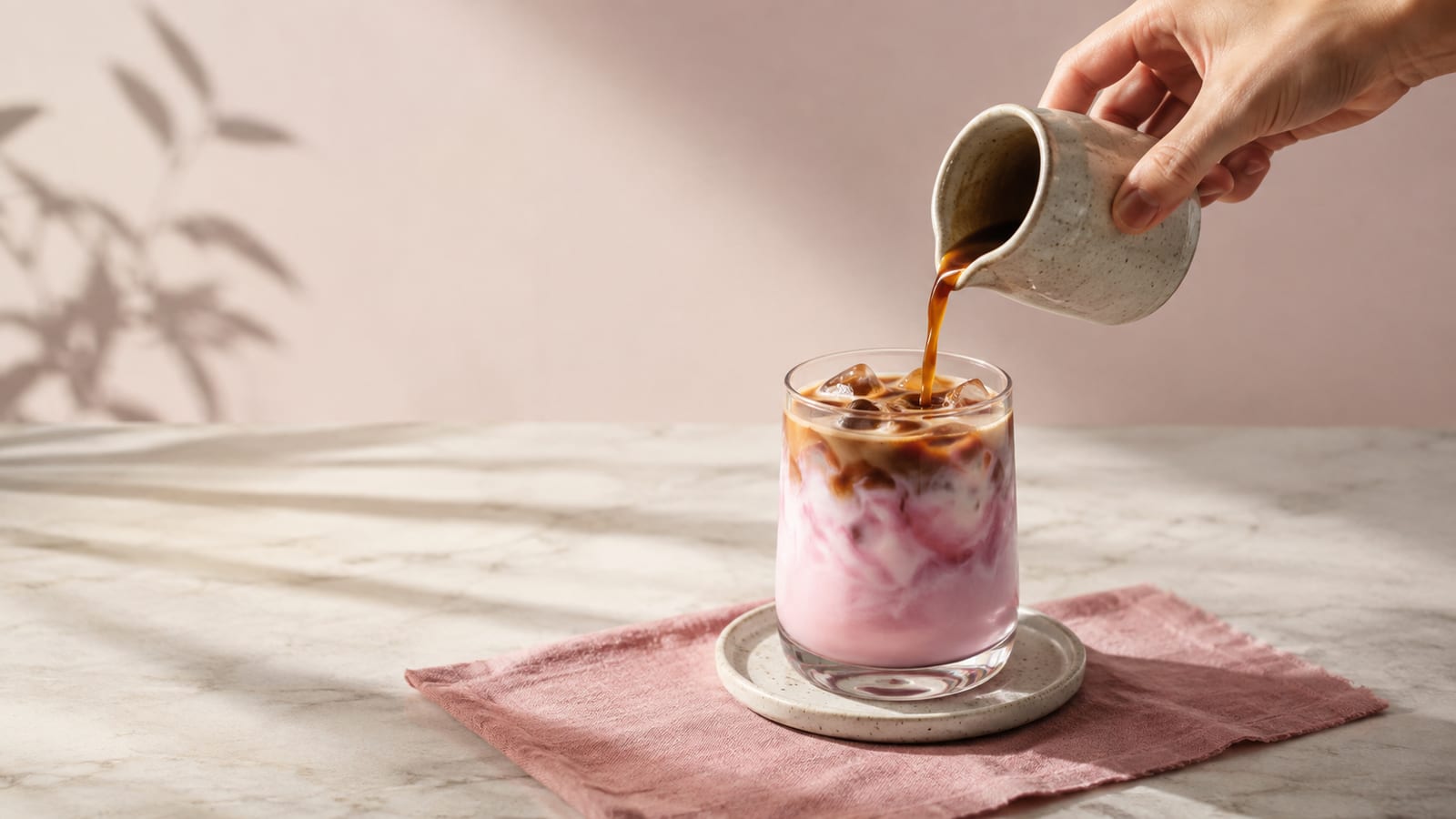 Hands pour fresh espresso over pink sweet milk in a clear glass at home