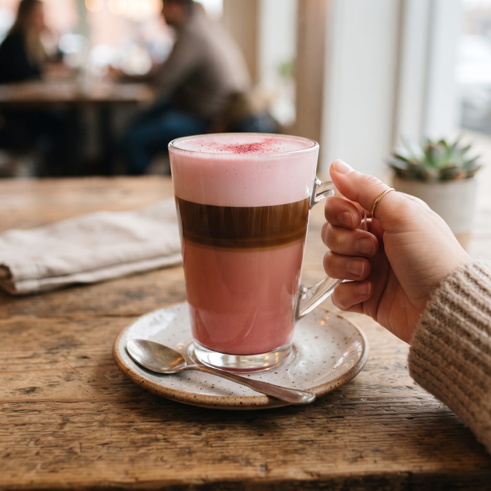 Close view of rosy milk, dark espresso, and pale foam forming distinct layers