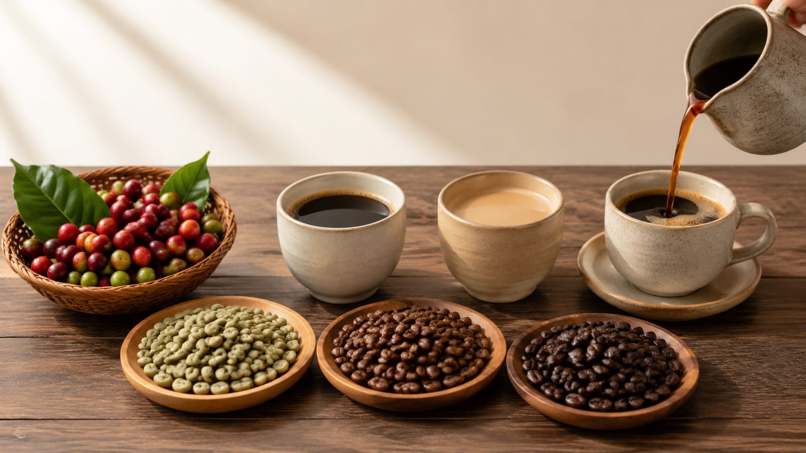 Different coffee varietals represented by roasted beans, green cherries, and contrasting brewed cups