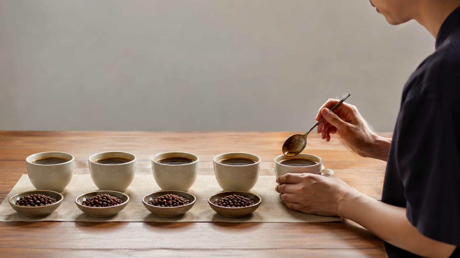 Beginner comparing coffee aromas and flavors using plain cups and a simple tasting spoon