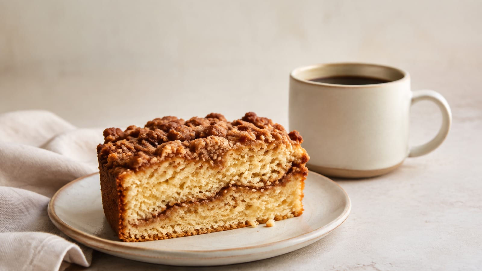Golden cinnamon streusel coffee cake sliced beside a steaming ceramic coffee mug