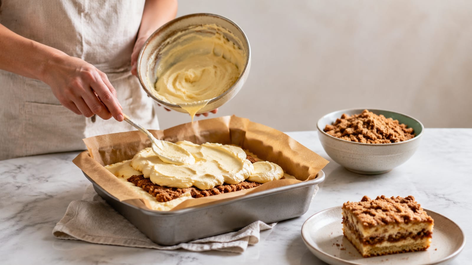 Baker layering cinnamon filling and batter in a square cake pan