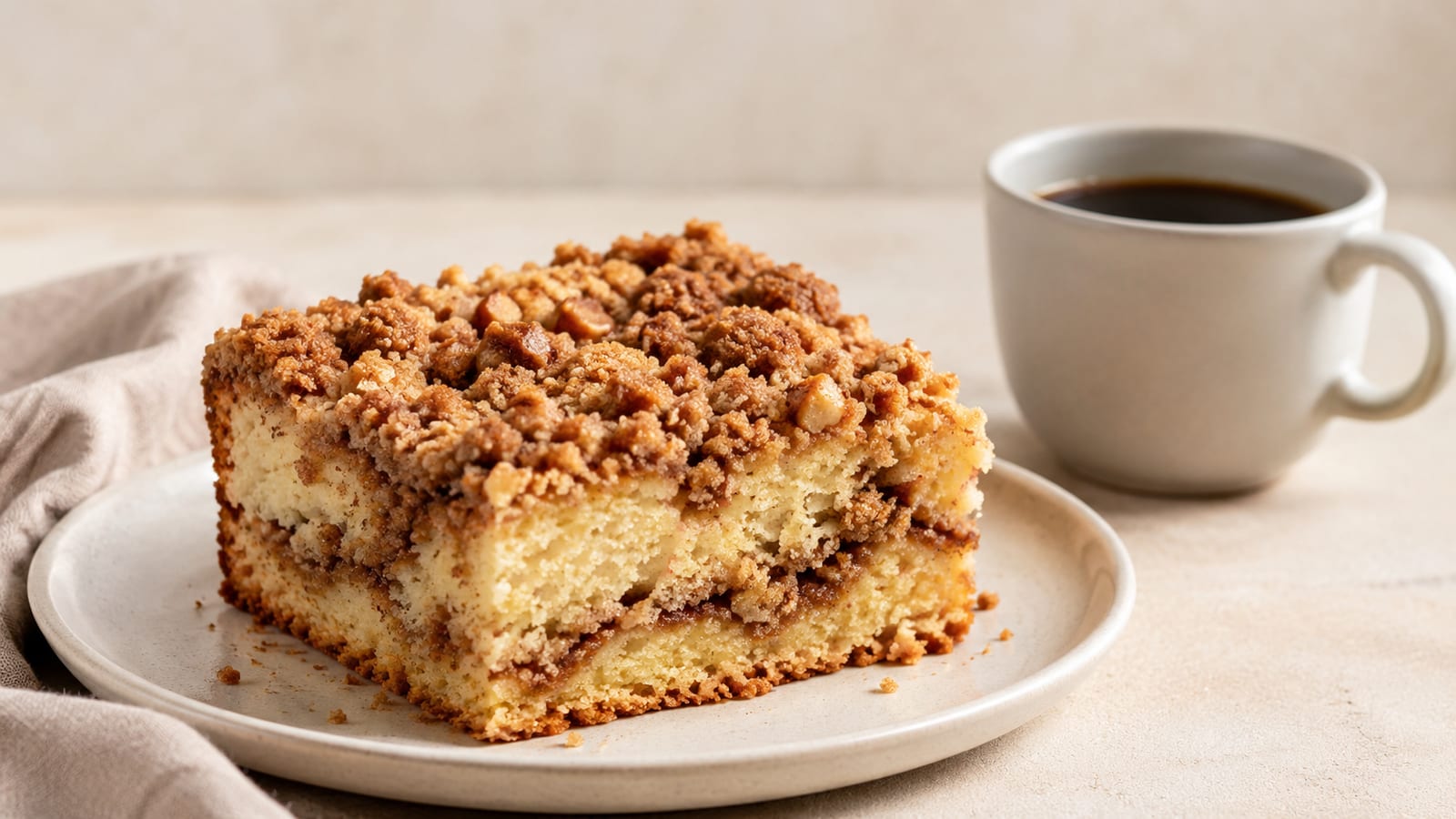 Moist coffee cake slice showing tender crumb and crunchy cinnamon streusel topping