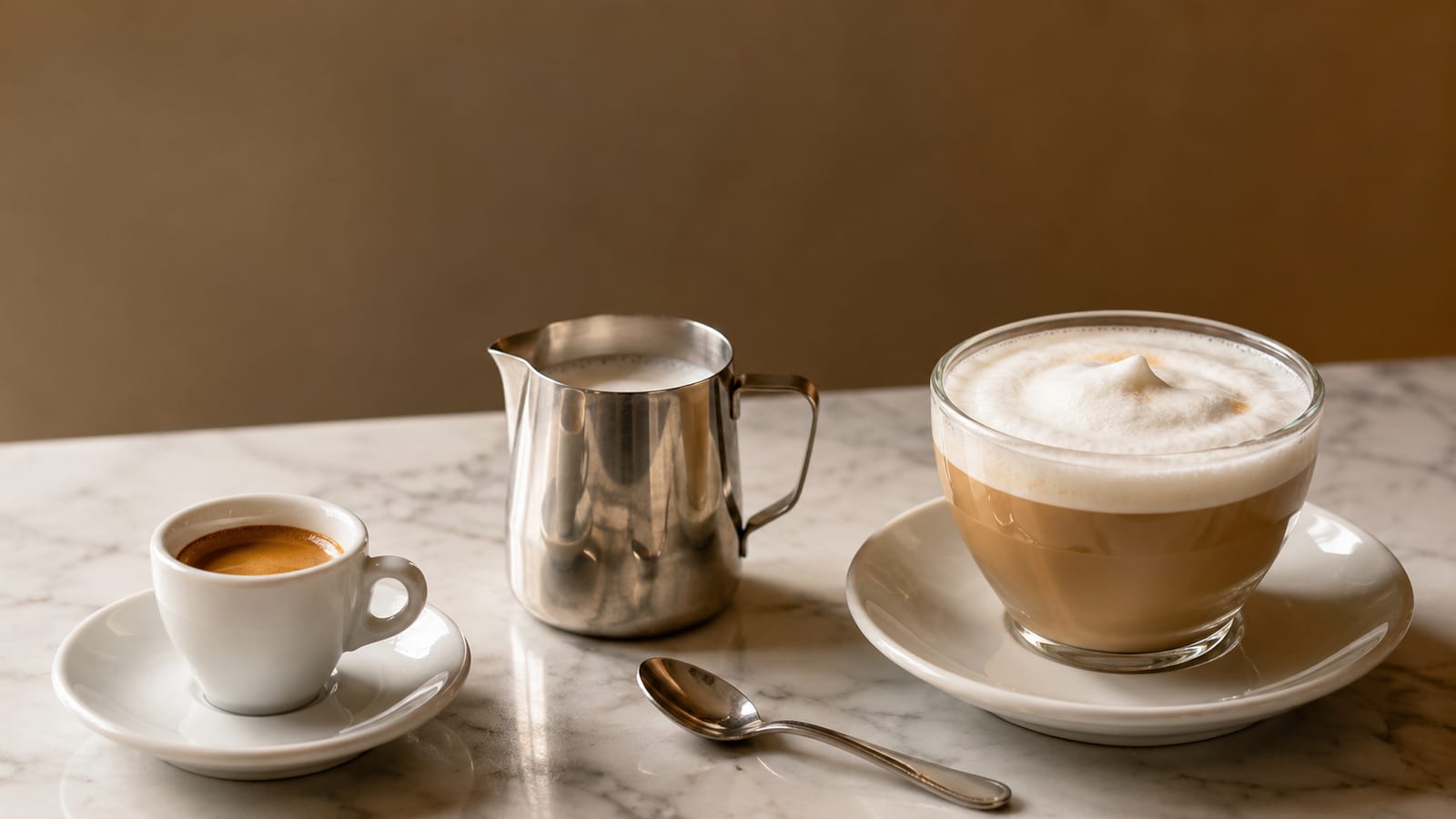 Espresso, milk pitcher, and spoon arranged beside a freshly prepared Wiener Melange