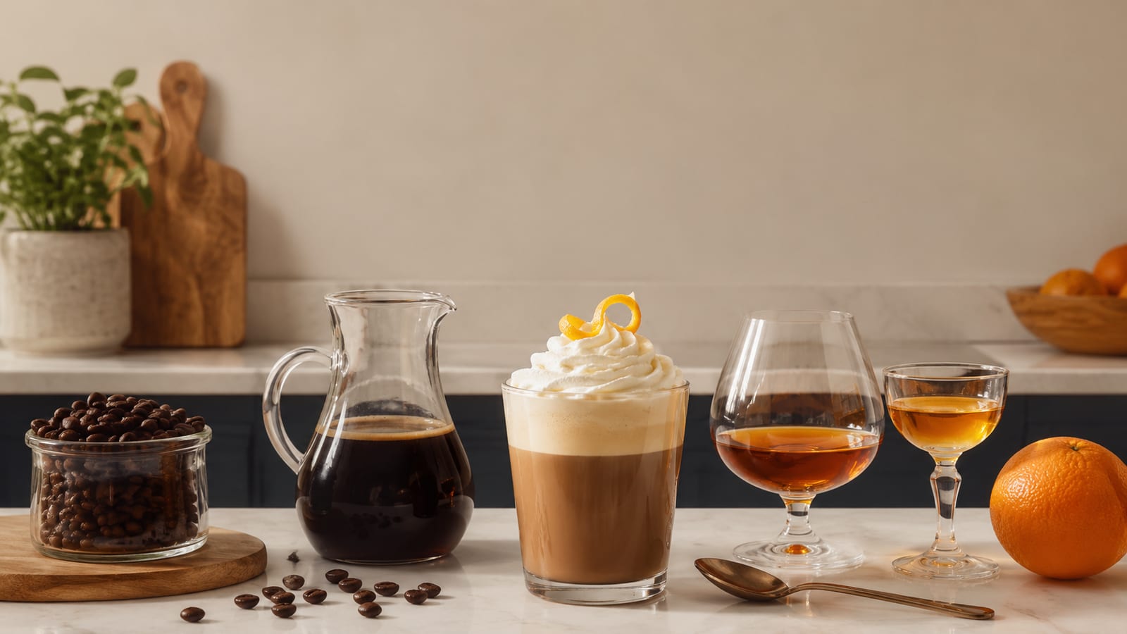 Finished Monte Cristo coffee with whipped cream and orange garnish beside coffee-making ingredients