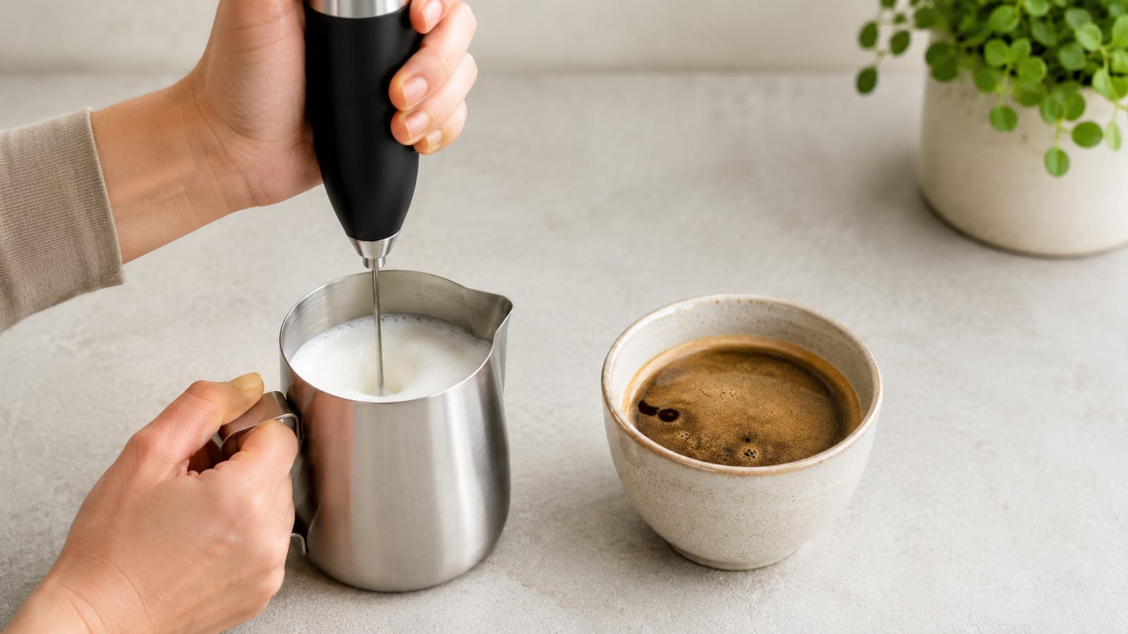 Handheld frother aerates milk beside a plain cup of strong home-brewed coffee
