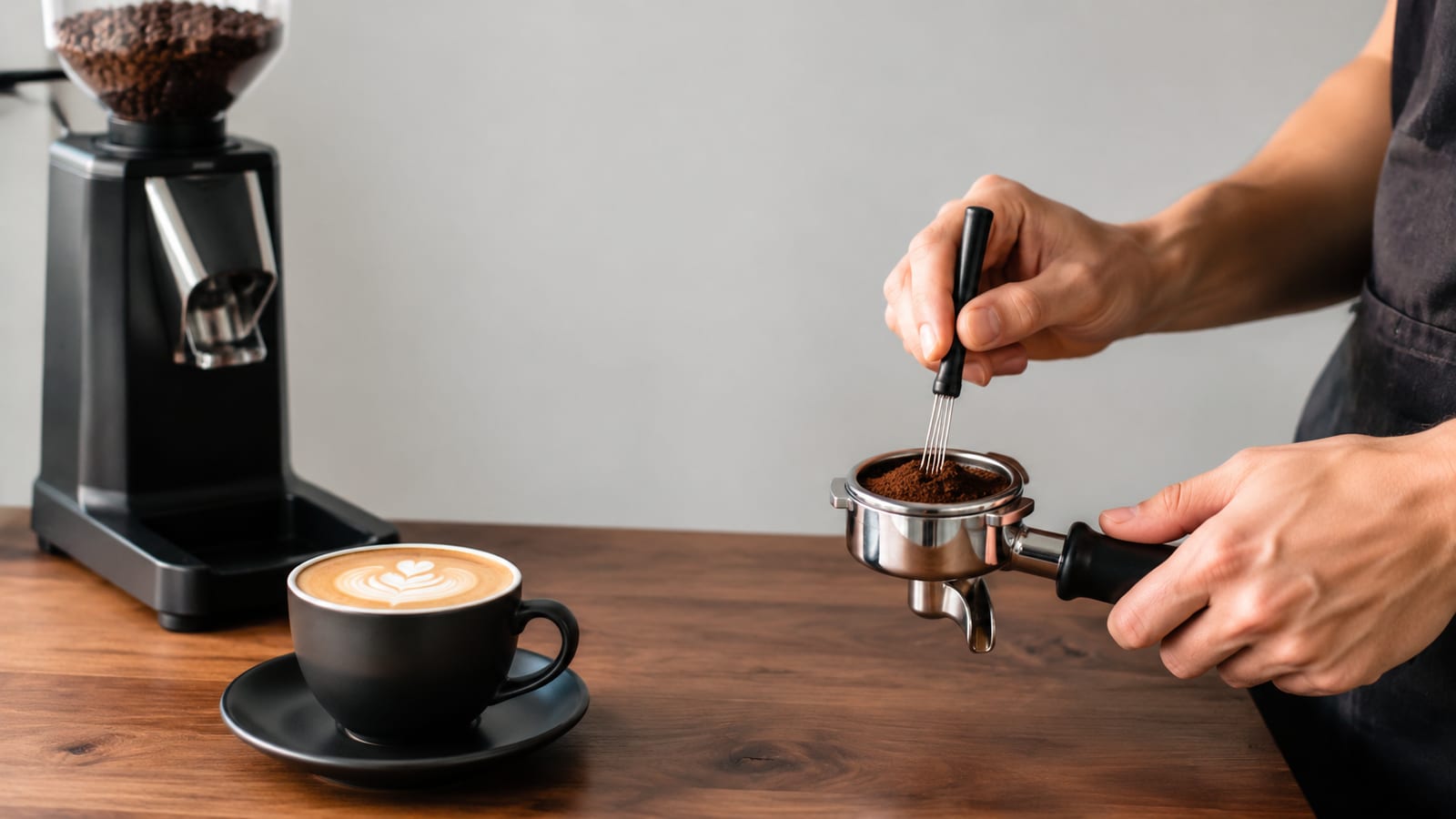 Barista evenly distributing freshly ground coffee in a portafilter before tamping espresso