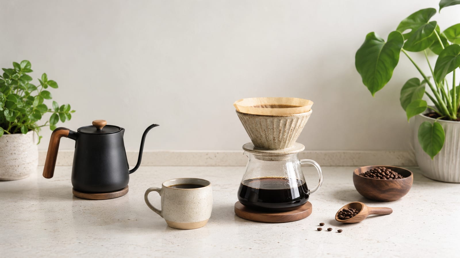 Fresh roasted coffee beans beside a simple brewer, ceramic cup, and wooden scoop