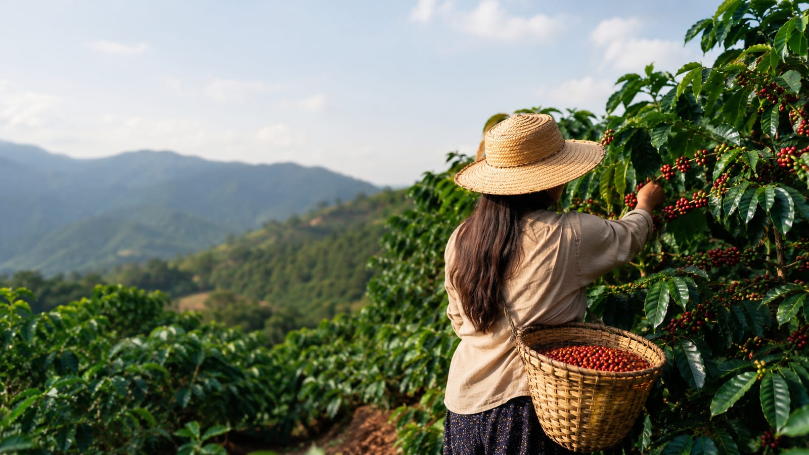 Coffee farmer inspecting ripe cherries among dense green coffee plants