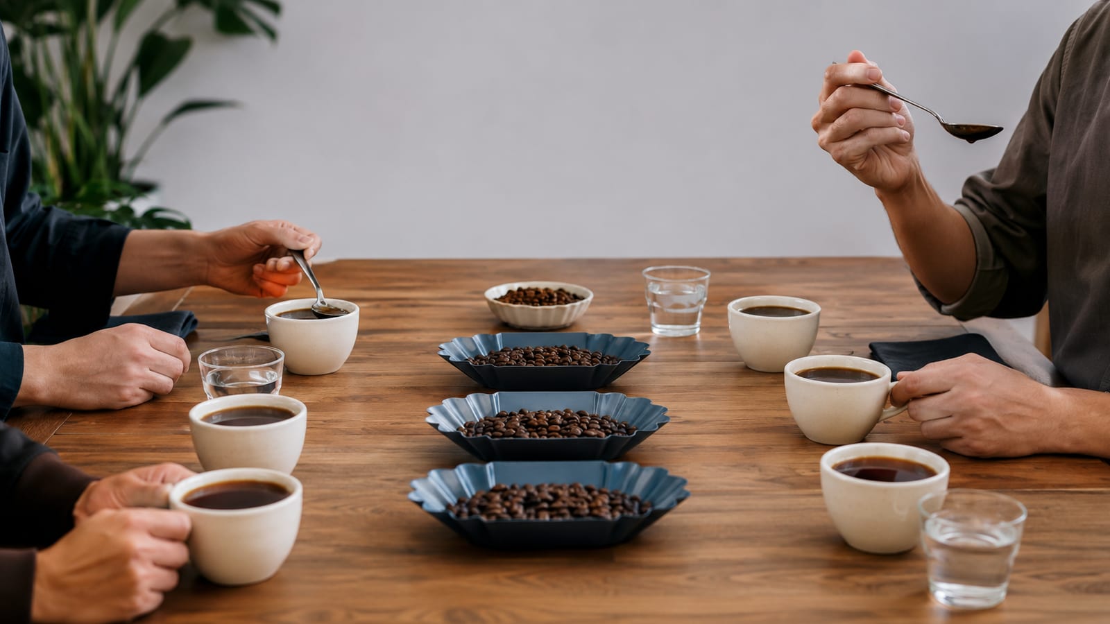 Coffee professionals comparing aroma and flavor from several unlabeled tasting cups