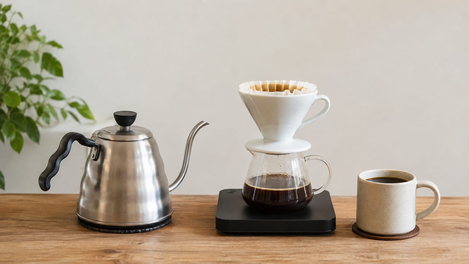 Simple stovetop kettle and manual brewer preparing coffee beside ground beans