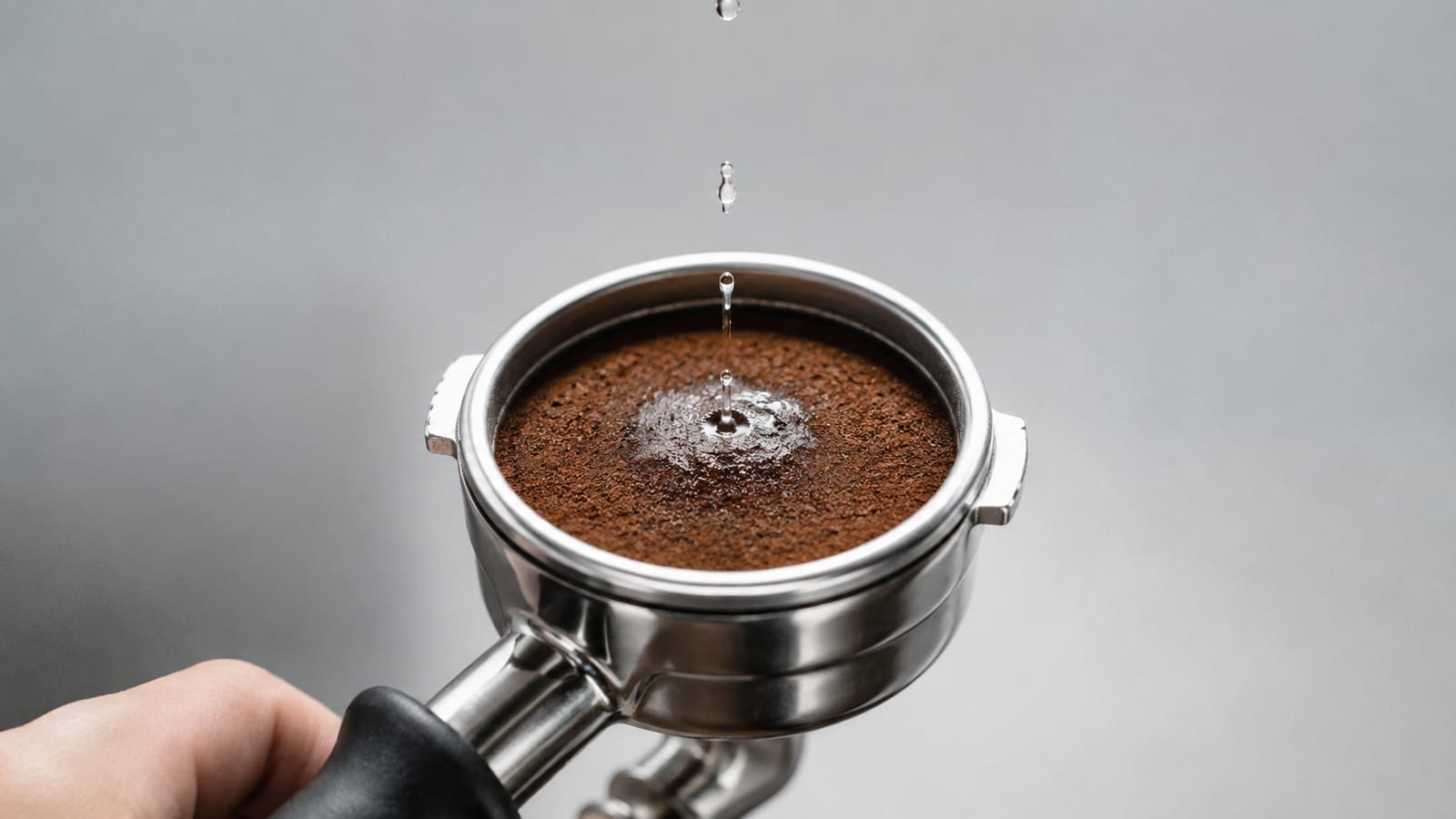 Espresso puck gently saturating under low pressure before a steady extraction begins