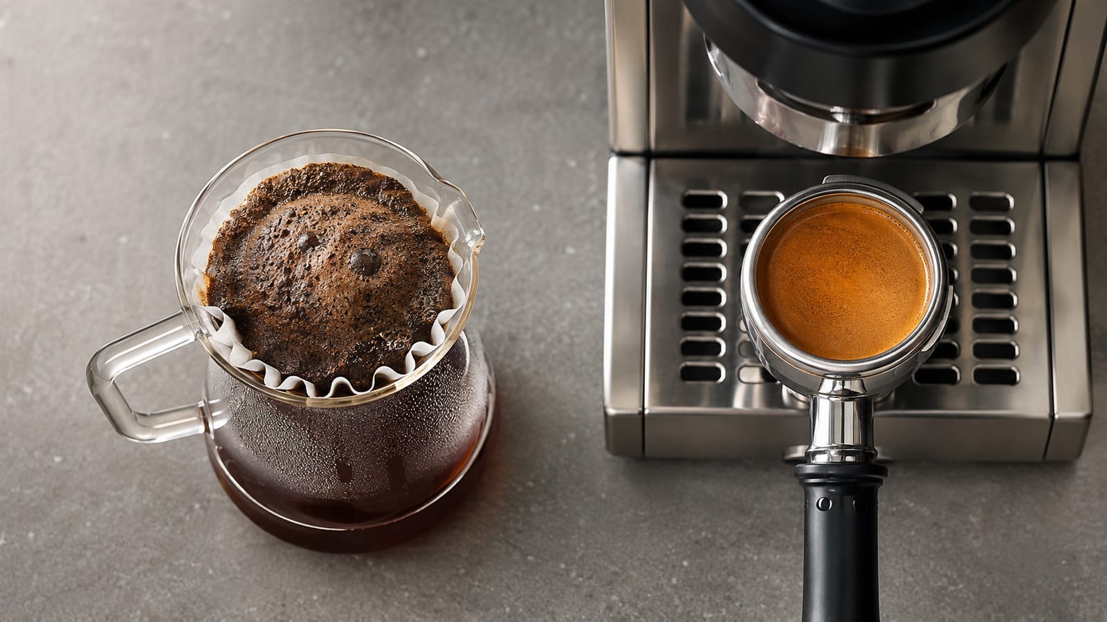 Pour-over bloom and espresso pre-infusion equipment arranged together for a practical comparison