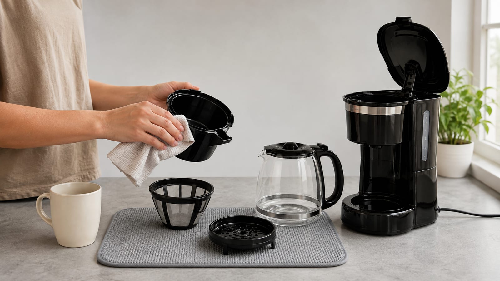 Hands cleaning a home coffee maker beside removable parts and a ceramic mug