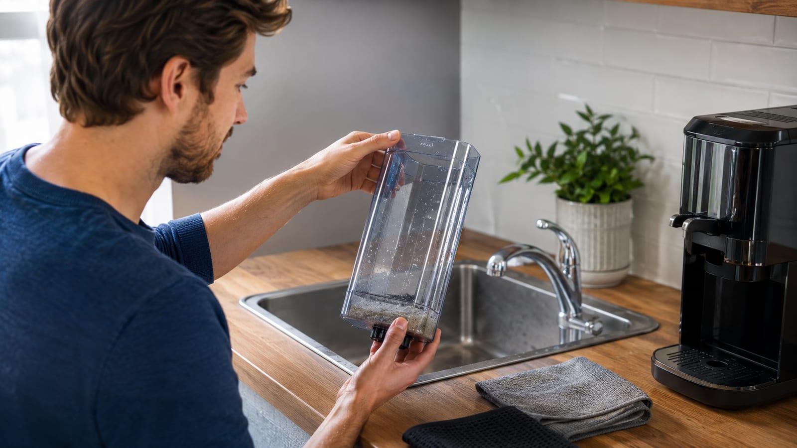 Home brewer rinsing mineral buildup from a coffee machine reservoir under running water