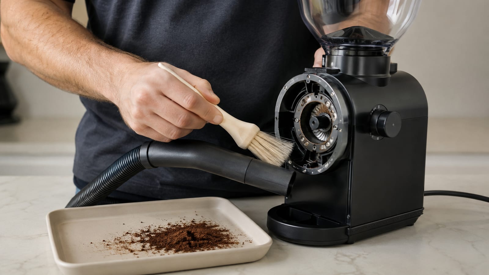 Coffee grinder being dry-cleaned with a brush while grounds collect on a tray
