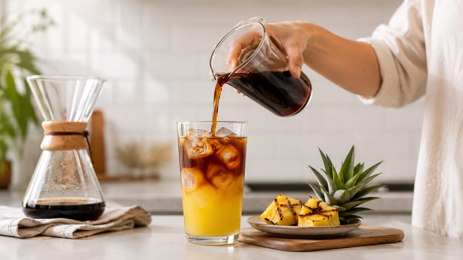 Hands pour cold brew over pineapple juice and ice beside grilled pineapple garnish