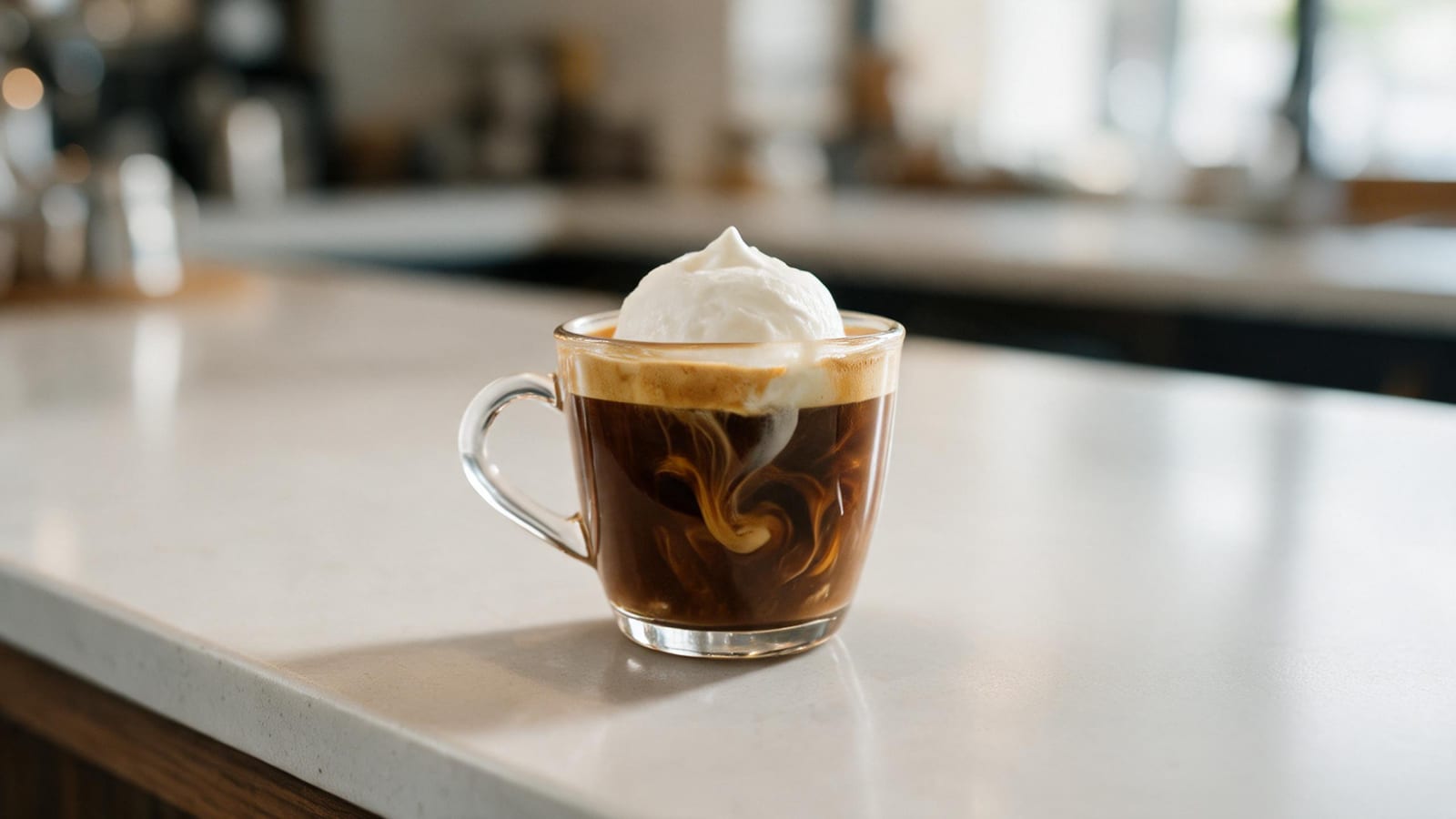 Close-up of whipped cream softening over glossy caramel coffee, with fine crema texture visible