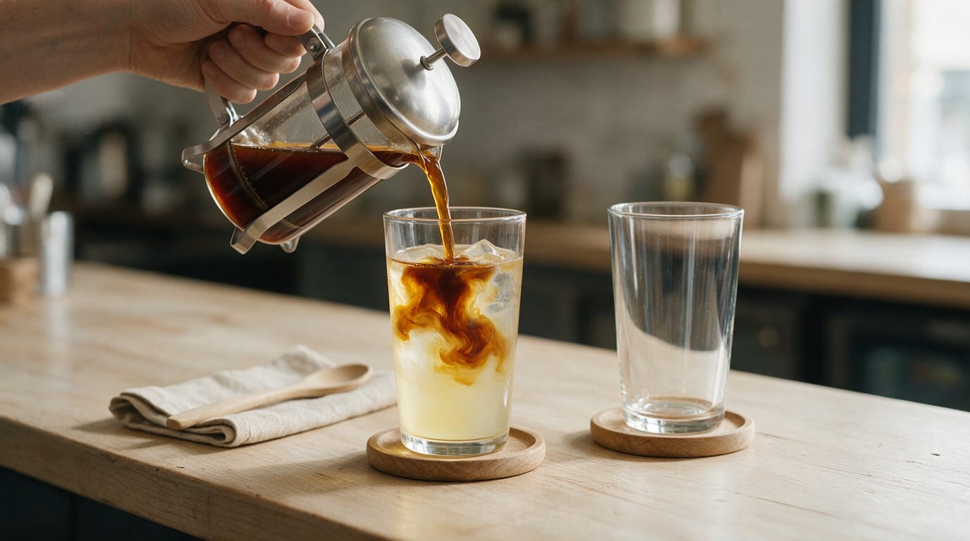 Hand pours freshly brewed coffee from a French press into an iced lemonade glass