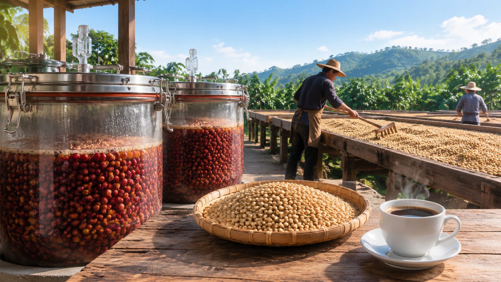 Coffee cherries fermenting in covered vessels beside drying coffee beans on raised beds