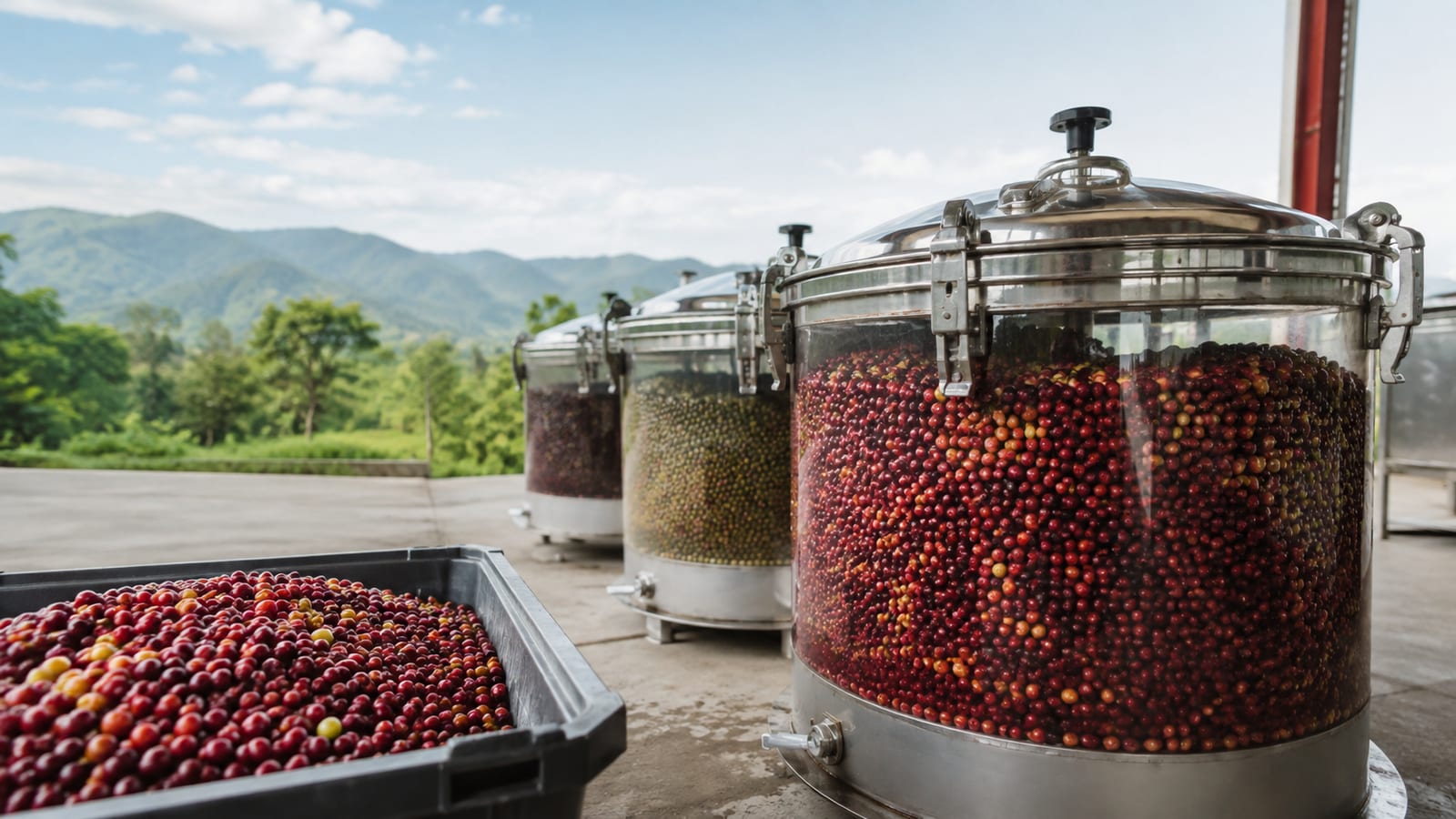 Sealed anaerobic coffee fermentation tanks surrounded by freshly harvested coffee cherries