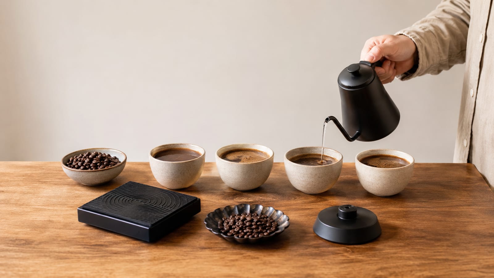 Coffee tasting setup with several unlabeled cups, roasted beans, and a brewing scale